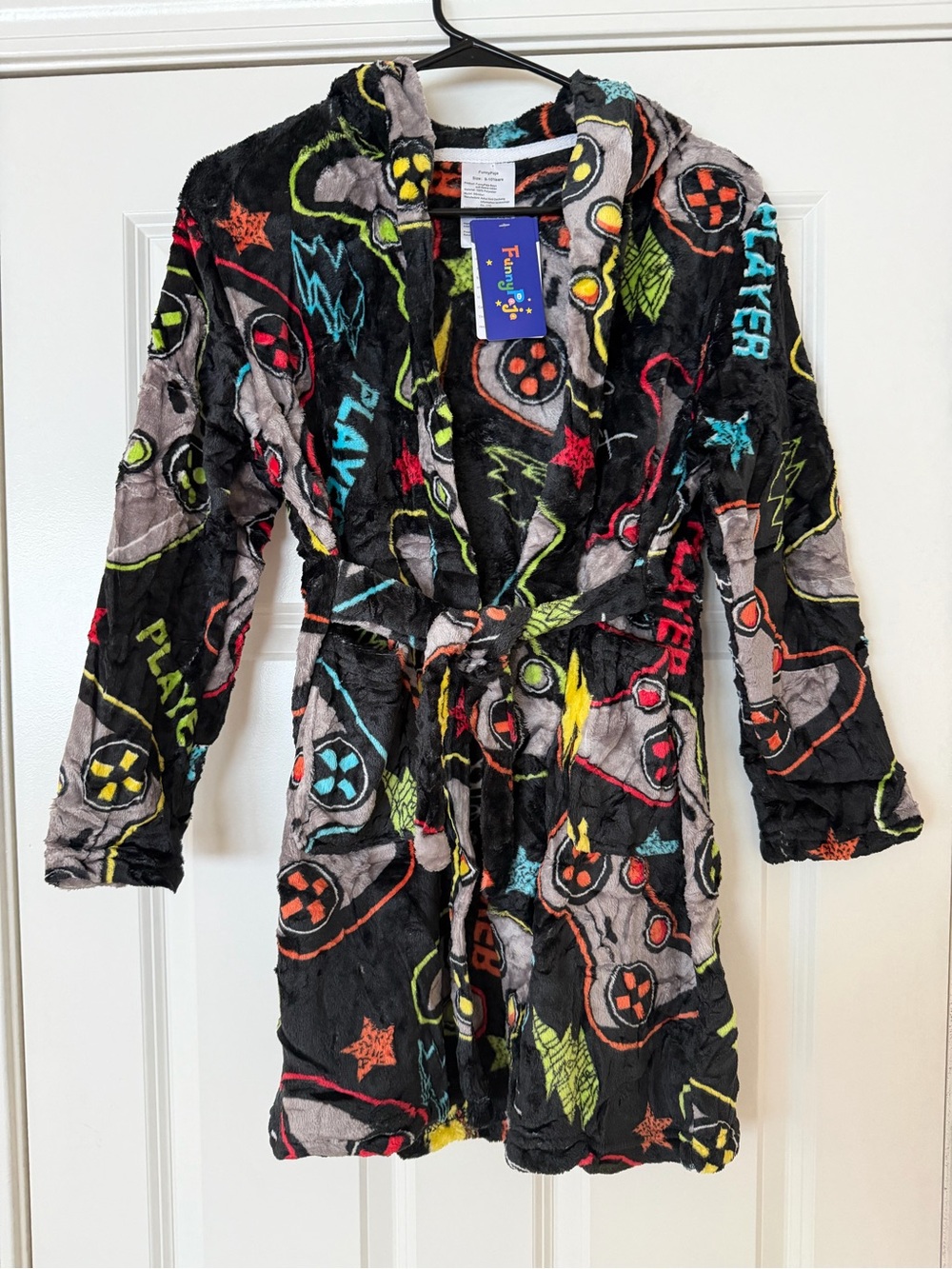 Kids Plush Hooded Robe with pockets - Black Multicolor Gamer Pattern Size 9-10